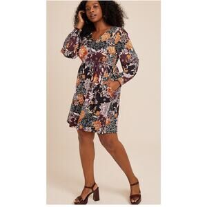 24/7 Maurices Purple Orange Floral Long Sleeve V-Neck Knee Length Dress Size 4X